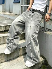Manfinity Denimwave 男士街頭風個性拼接毛邊灰色水洗牛仔寬腿長褲 - 灰色 - 查看 1