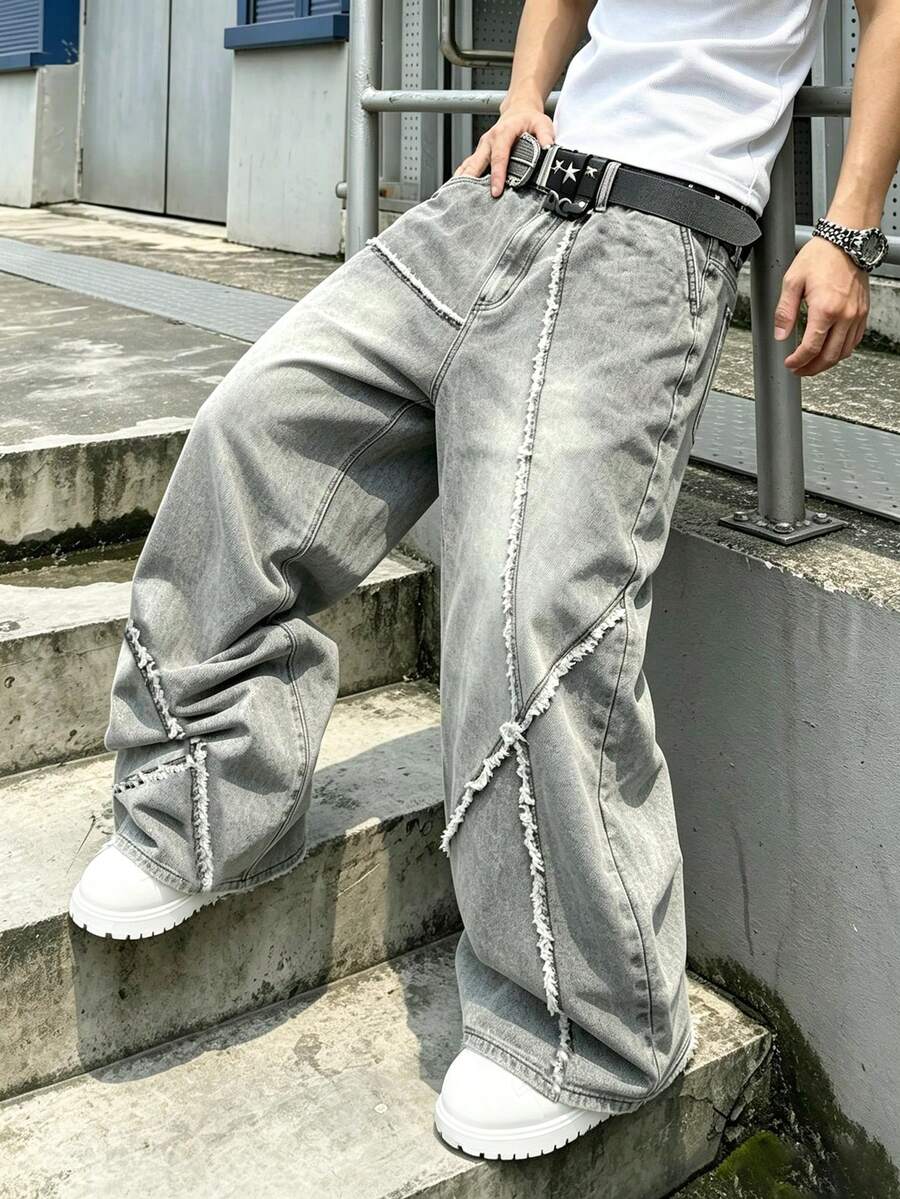 Manfinity Denimwave 男士街頭風個性拼接毛邊灰色水洗牛仔寬腿長褲 - 灰色 - 查看 1