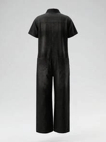 EMERY ROSE EMERY ROSE Women's Short Sleeve Button Front Cargo Pocket Casual Denim Jumpsuit - Black - View 2
