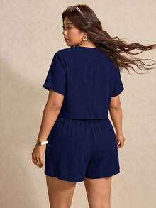 Elaquor Plus Size Women's Solid Color Single-Breasted Short Sleeve Shirt And Shorts Casual 2-Piece Set - Navy Blue - View 3