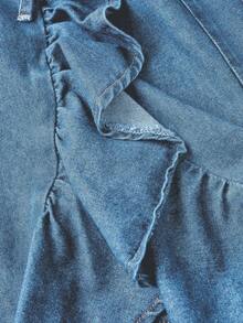 Sweetra Rok Denim Kasual Modis dengan Ikat Pita dan Hem Bergelombang - Medium Wash - View 3