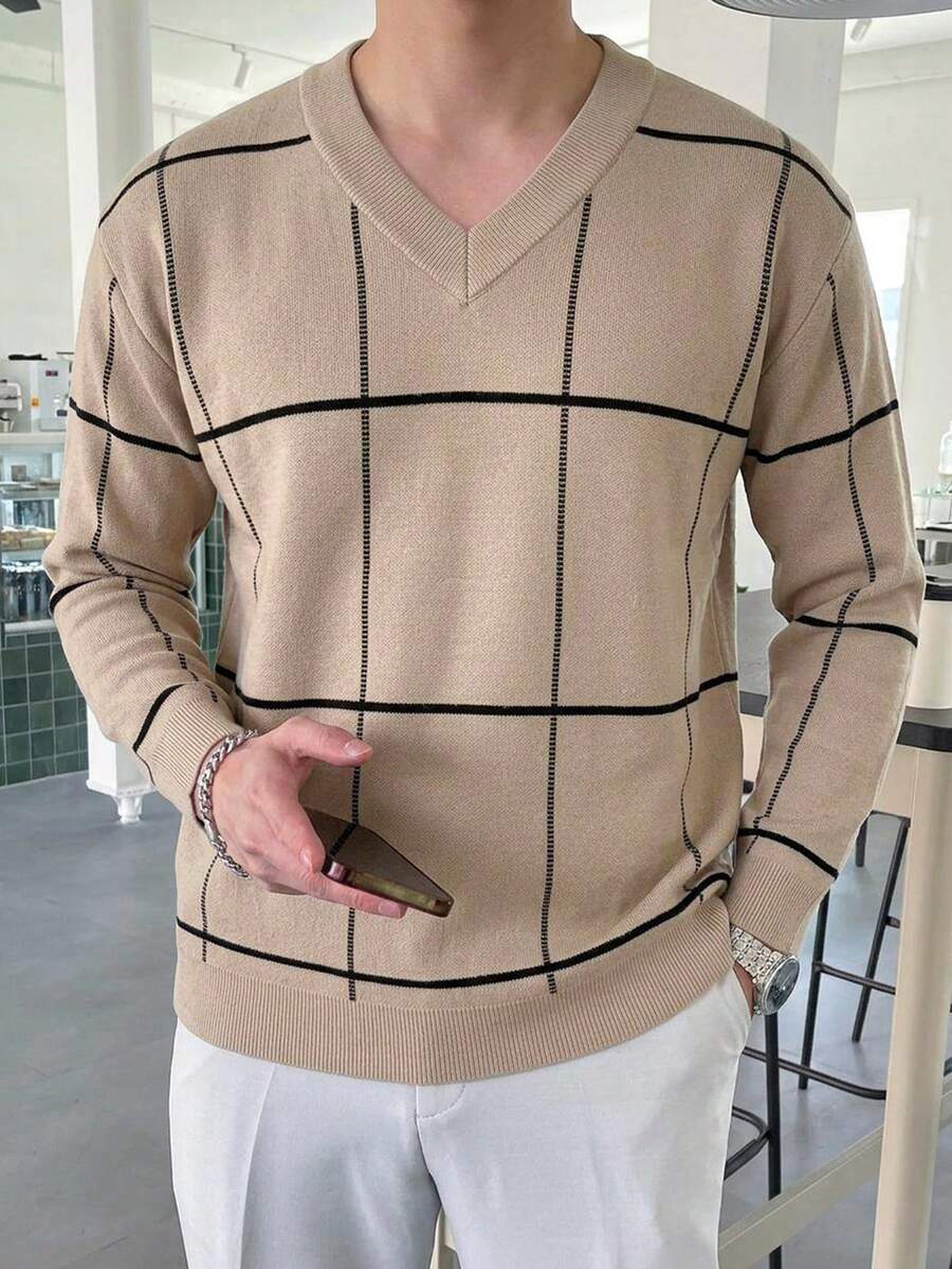 DAZY Men's Long Sleeve V-Neck Khaki & Black Striped Knit Top, Spring/Autumn - Khaki - View 1