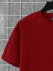 Manfinity Homme Men's Solid Color Crew Neck Short Sleeve T-Shirt And Drawstring Waist Cargo Shorts 2-Piece Set - Burgundy - View 4
