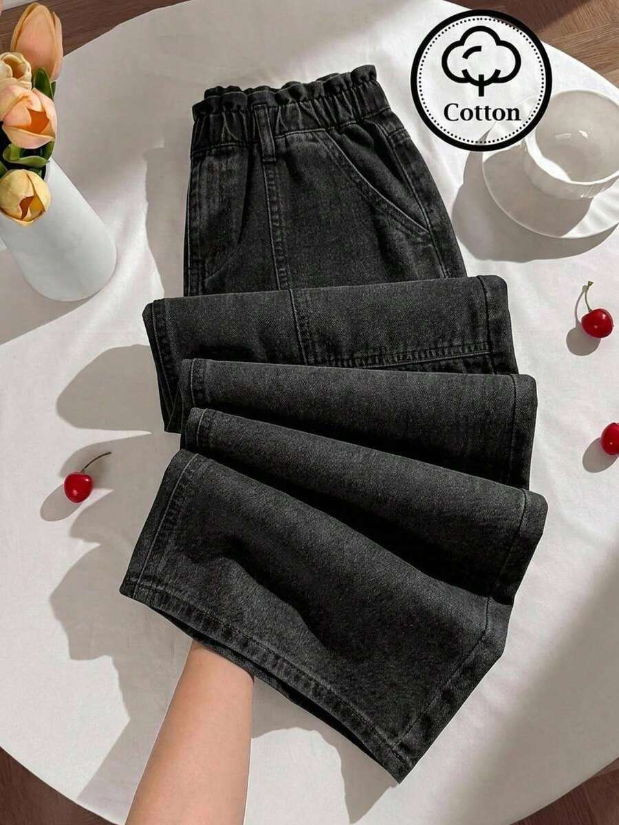 SHEIN Girlism 少女女孩黑色牛仔寬鬆長褲,荷葉邊飾邊,秋冬萬聖節 Y2K 畢業返校穿搭 - 黑色 - 查看 1