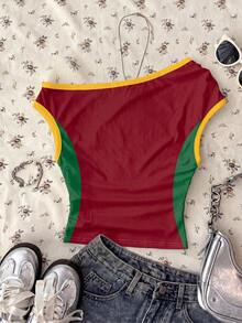 Teen Girls Casual Portugal-Flag One Tight Asymmetric Ruched Cropped Top, Suitable For Spring/Summer, Personalized Outfit, Daily Wear, World Cup, Jersey-Style, Streetwear, Game Day - Multicolor - View 2