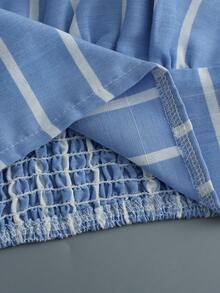 Breezaya Setelan Atasan Ruffle Depan Ikat Depan dan Celana Pendek Model A-Line Warna Biru Muda Ukuran Plus. Setelan Pantai Musim Semi, Musim Panas, Musim Gugur, Musim Dingin, Pakaian Liburan, Setelan Kasual untuk Bergaris di Laut - Baby Blue - View 5