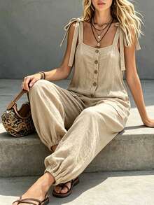 LUMIGAL Women's Casual Solid Color Tie Strap Jumpsuit - Apricot - View 4