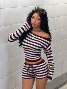 StreetHx Streetwear Women's Autumn/Winter Color-Block Pique Casual Versatile Y2K Square Neck Cool Sweater 2 Pieces Set - Multicolor - View 5