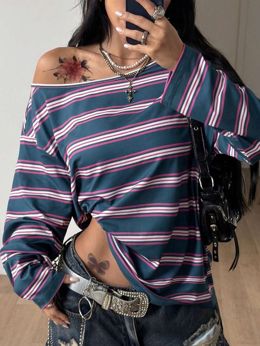 Coolane 女款春季 Y2K 丘比特圖案舒適不對稱領口露肩長袖 T 恤