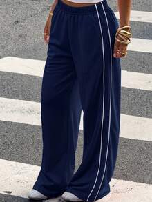 Muchica Plus Size Women's Elastic Waist Colorblock Casual Versatile Daily Wear Long Pants - Royal Blue - View 3