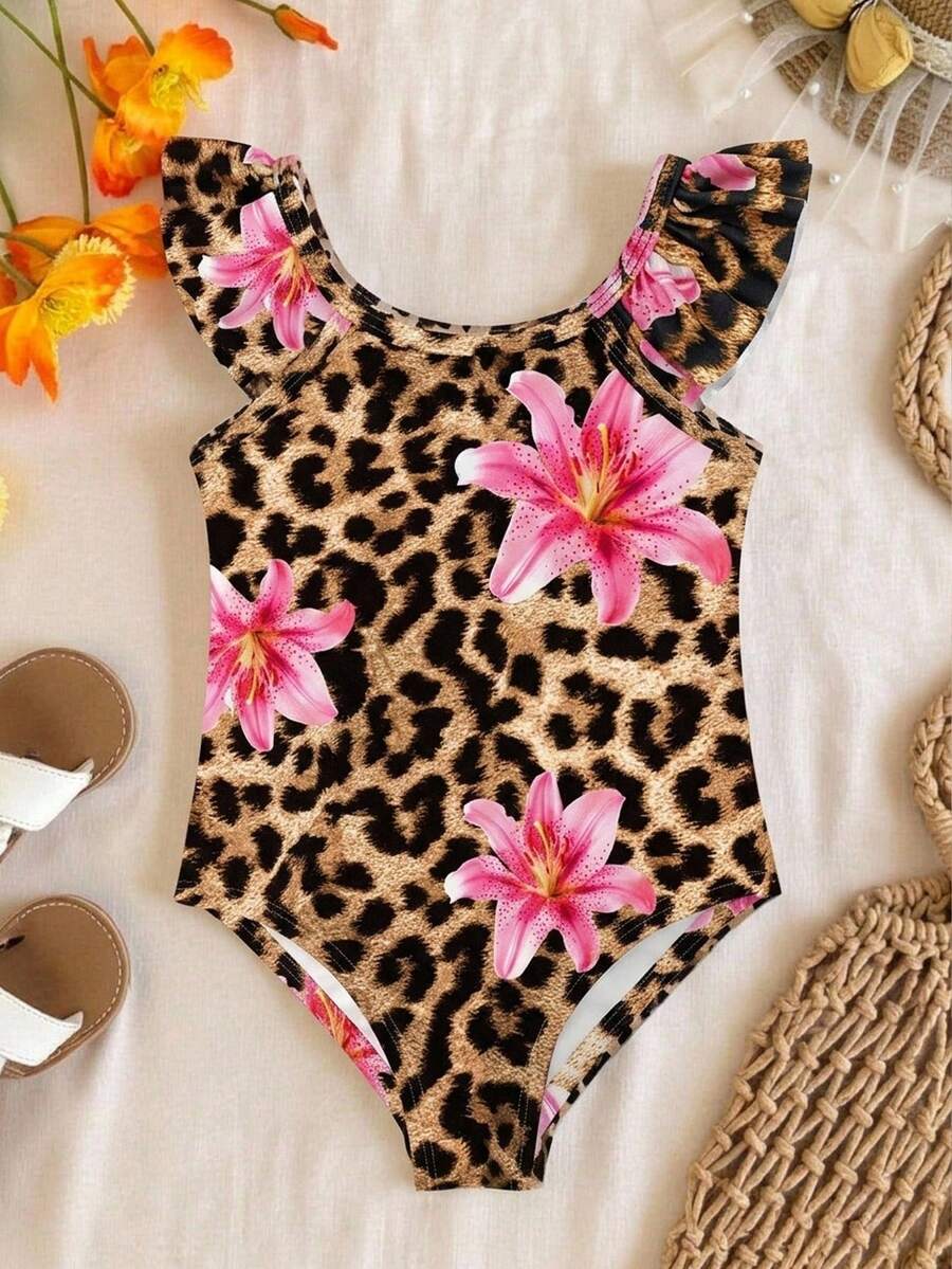 SHEIN 豹纹、芙蓉花、火焰树、海滩度假、#椰子女孩、女婴休闲修身吊带连体泳衣、适合夏季、公主风、小星星、女婴泳装、浪漫假期 - 彩色 - 查看 1