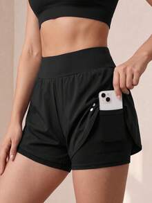 SHEIN Teen Girls Black Shorts, Casual Minimalist Yoga Wear, Tight High Elastic Fabric Comfortable Fit 4-Way Stretch, Built-In Four-Corner Safety Shorts, With Pockets Gym Shorts - Black - View 3