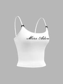 SHEIN MOD 女士时尚字母印花修身蝴蝶结夏季吊带背心 - 白色 - 查看 3