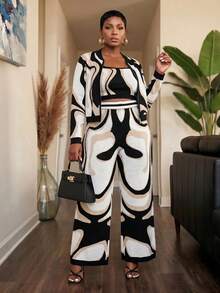 Slaydiva Ensemble 3 pièces pour femmes grande taille, style décontracté élégant d'automne, veste zippée à manches longues en tricot crochet géométrique, débardeur camisole et pantalon ample, motif intégral blanc et noir - Multicolore - Voir 7