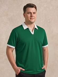 Courvante Men's Plus Size Colorblock Casual Versatile Commute Travel Short Sleeve Polo Shirt - Dark Green - View 1