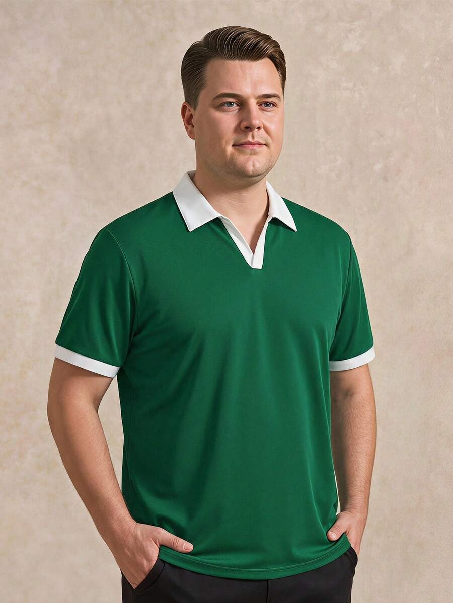 Courvante Men's Plus Size Colorblock Casual Versatile Commute Travel Short Sleeve Polo Shirt - Dark Green - View 1