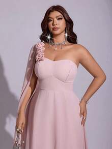 Viva Relle Plus Size Women's Summer Pink Sexy Low Cut One Shoulder 3D Floral Decor Cami Waist-Cinched Double Layer A-Line Maxi Dress, Elegant Party Dress, Graduation Prom, Sexy Date, Women's Holiday Outfit, Sexy Women's Clothing - Pink - View 5