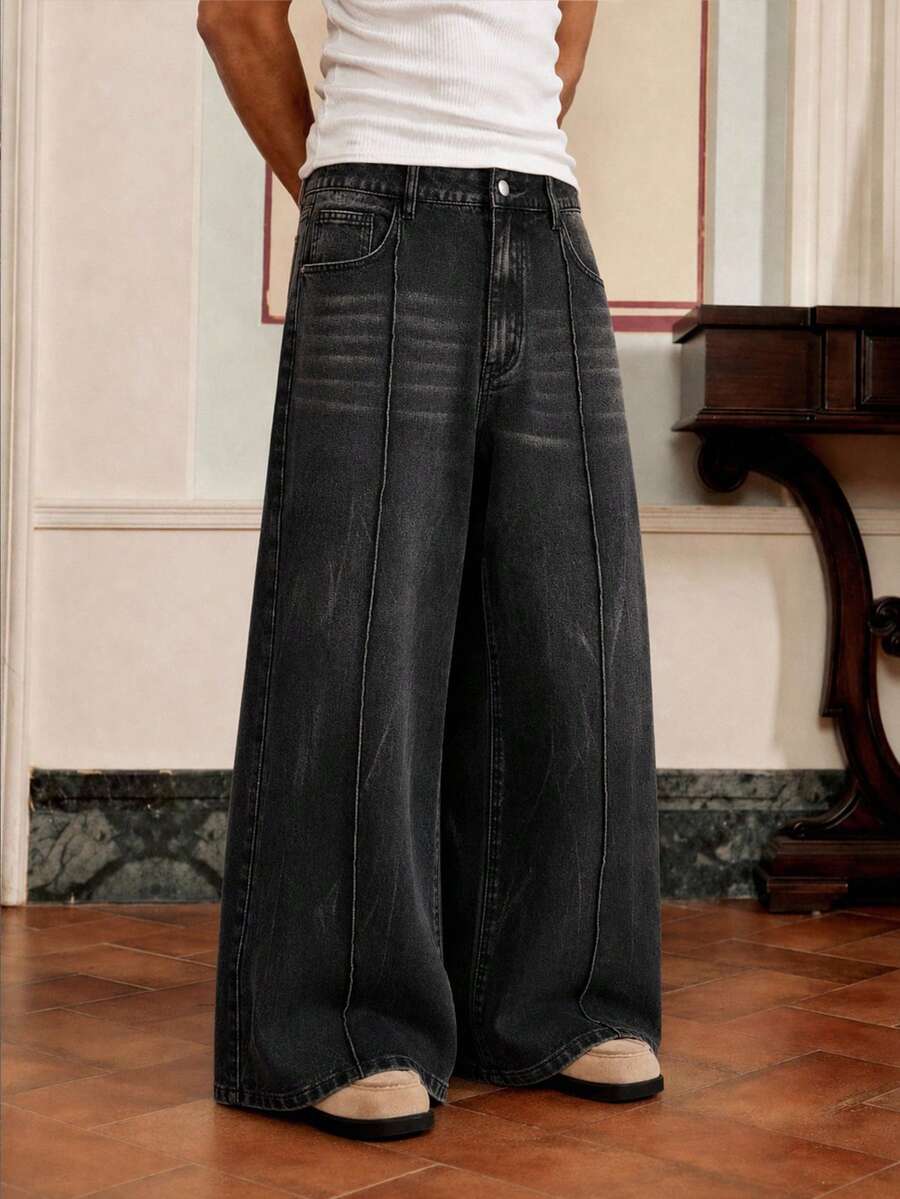 NEON BLANC Men's Casual Washed Wide Leg Denim Jeans - Black - View 1