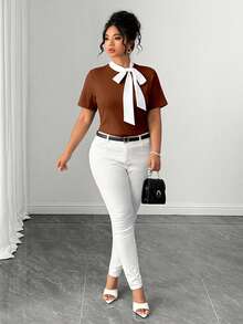 Elenzga Plus Size Women's Summer White & Brown Colorblock Bowknot Ribbon Shoulder Slimming Elegant Exquisite Short Sleeve T-Shirt. Suitable For Daily Casual Commute. Dating - Rust Brown - View 7