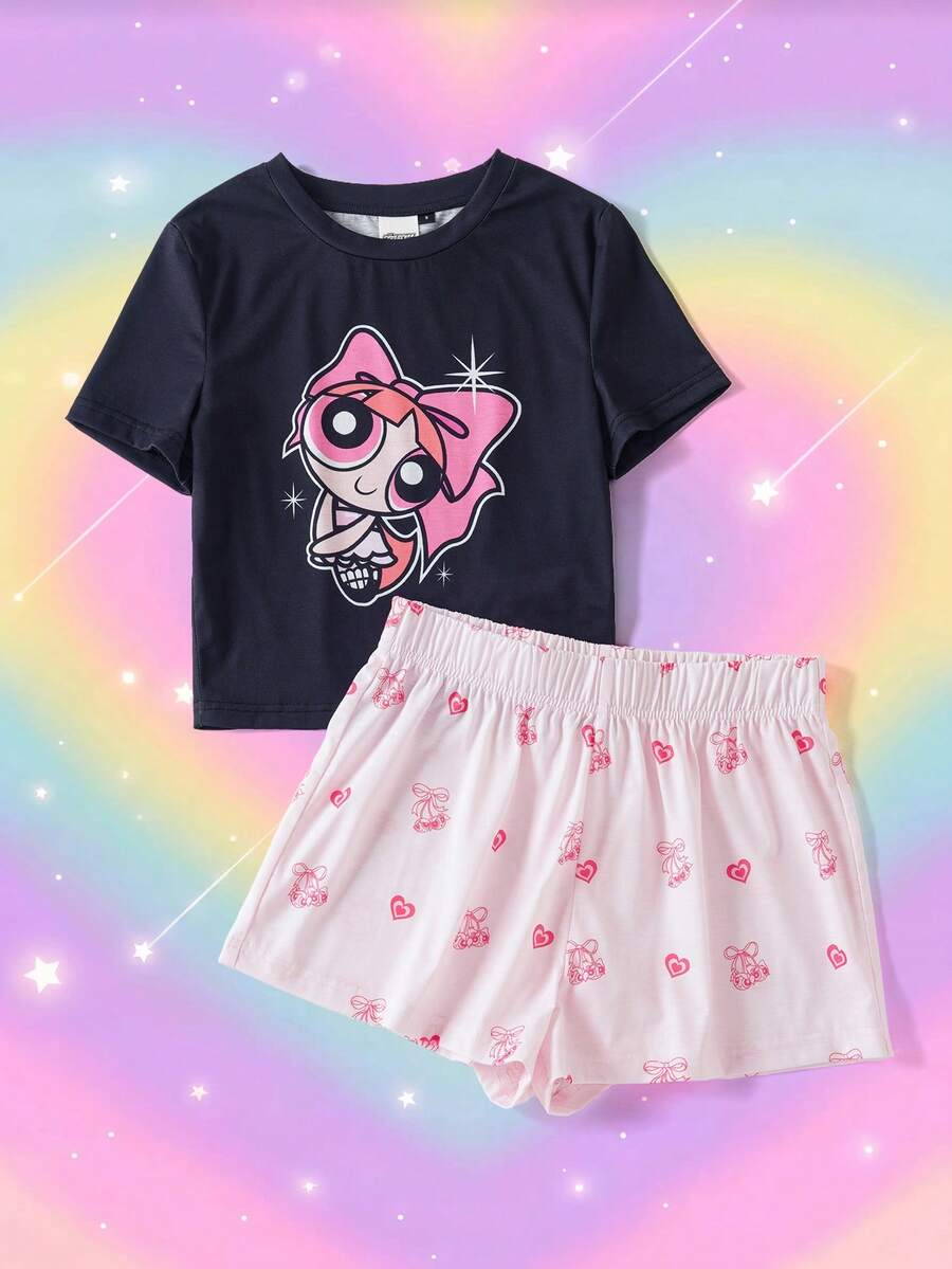 THE POWERPUFF GIRLS X SHEIN 女款卡通短袖上衣與短褲睡衣套裝 - 黑色 - 查看 1
