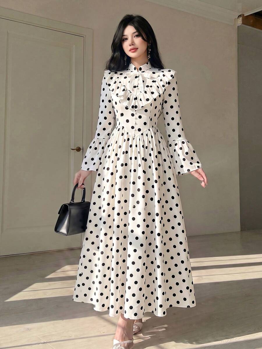 Celisse Women's Polka Dot Print Cinched Waist Long Sleeve Ruffle Hem Mid-Length Dress, Elegant Commuter Style For Autumn/Winter - Multicolor - View 1