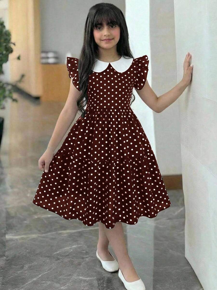 少女春夏季優雅拼接對比色領口洋裝,復古黑白波點拼色大翻領袖洋裝 - 咖啡 - 查看 1