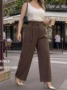 SHEIN MOD Calça Perna Larga Elegante Listrada Marrom Plus Size, Início do Outono, Estilo Old Money, Roupa de Escritório, Negócios Minimalista de Outono - Castanho - Visão 10
