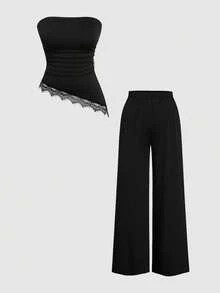 Sweetra Plus Size Lace Patchwork Metal Decor Tube Top And Long Pants Casual Daily 2 Pieces Set - Multicolor - View 12