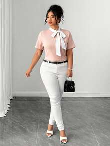 SHEIN Clasi Plus Size Women's Summer New Light Pink Color Block Bow Ribbon Shoulder Short Sleeve T-Shirt, Slimming Elegant Sophisticated Casual Office Formal - Baby Pink - View 7