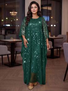SHEIN Lady CURVE Plus Size Elegant Formal Elegant Party Evening Wedding Sequin Embroidered Mesh Dress Dark Green Summer Vacation - Dark Green - View 6