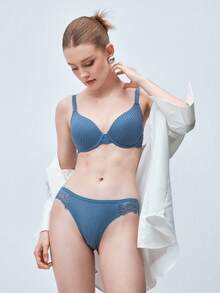 Softvol Women's Cotton Jacquard Lace Bra And Panty Set - Blue - View 7