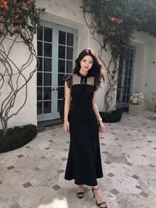 SHEIN MOD Contrast Mesh Tie Neck Ruffle Trim Black Long Dress, Graduation Dress - Black - View 4