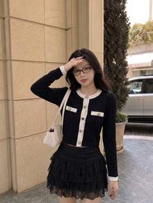 SHEIN MOD Women's Black And White Crop Round Neck Long Sleeve Knit Top, Metal Button Decoration, Teachers' Day Office Dinner Autumn French Elegant - Black and White - View 4