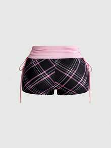 Mean Girls | ROMWE Plaid Print Plus Size Women's Side Tie Shorts - Pink - View 2