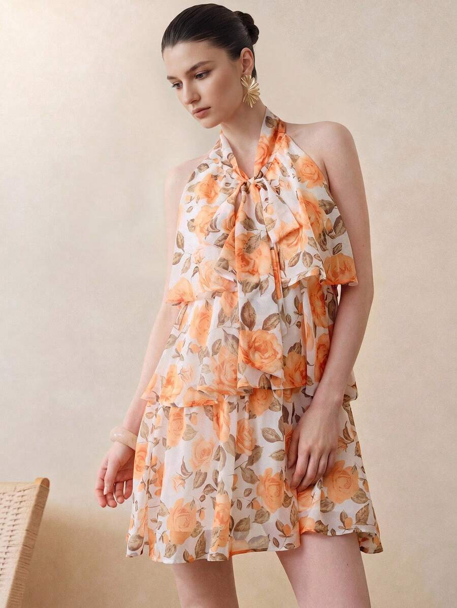 Zanirela Orange Rose Floral Print Halter Neck Tie Dress, Cold Shoulder Sleeveless Tiered Ruffle Hem, Slim Fit Flattering Sweet Vacation Style Mini Dress - Multicolor - View 1