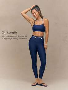 GLOWMODE 24" GlossFit Shiny High-Rise Leggings With Back Waist Pocket Flap Secure Phone Storage Mesh Sandwich Waistband Anti-Slip Structure Yoga Pilates - Dark Blue - View 3