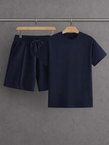NEON BLANC GENTILAND Men T-Shirt Co-Ord Set, Navy Blue, Summer, Street Wear, Work Casual Versatile Premium Textured Fabric Vacation Father's Day Gifts, Football - Blue - View 1