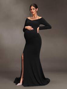 Cheriluna Maternity Cold Shoulder Long Sleeve Black Maternity Gown Photoshoot Baby Shower Photography Dress Summer Elegant Wedding Guest - Black - View 3