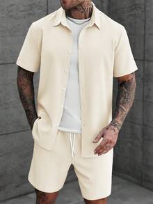 Manfinity RSRT 2pcs/Set Men's Solid Color Textured Short Sleeve Shirt And Shorts Set, - Apricot - View 5