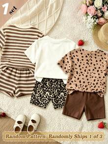 SHEIN Vintaside Kids (3 sets aleatorios, se envía 1 set) Conjunto de 2 piezas para niña bebé con camiseta corta básica y shorts de ciclismo con estampado de leopardo con brillo, corazón, lazo, conejo, flor y rayas - Multicolor - Ver 2