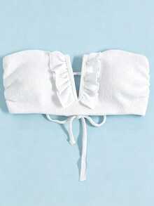 SHEIN Swim Women's Solid Color Bikini Top With Ruffled Hem, V-Wire Underwire, Summer Beach - White - View 4