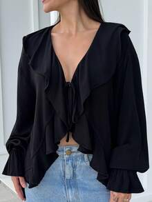 Yohana Edit Elegant Linen Blend Ruffle Hem Sheer Blouse Black - Black - View 6