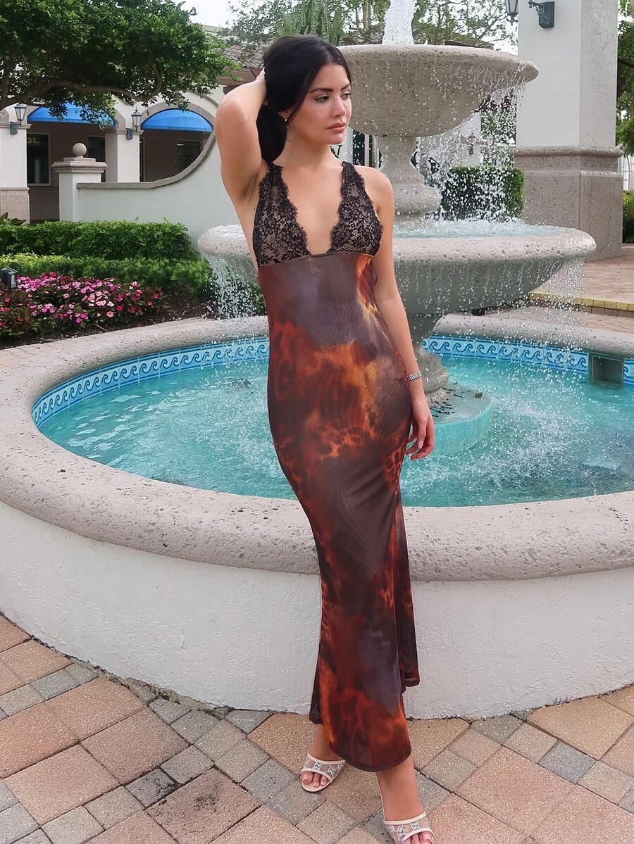 Nelanie Turli 女式针织网眼印花 V 领露背修身连衣裙 - 酒紅色 - 查看 1