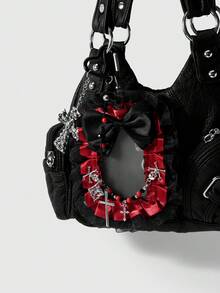 ROMWE Goth 1個Diablo哥德風黑紅配色「AB雙面卡」骷髏十字蝴蝶結卡套鑰匙圈包包吊飾，學生日常配戴，節日禮物 - 黑紅色-23 - 查看 2