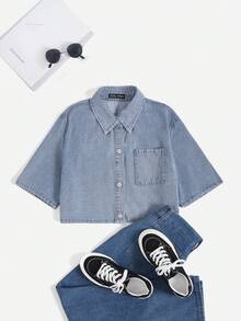 SHEIN Girls' Blue Denim Loose Cropped Shirt Summer World Cup Independence Day Beach Graduation - Blue - View 2