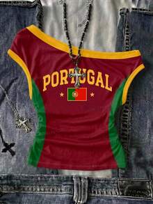 Teen Girls Casual Portugal-Flag One Tight Asymmetric Ruched Cropped Top, Suitable For Spring/Summer, Personalized Outfit, Daily Wear, World Cup, Jersey-Style, Streetwear, Game Day - Multicolor - View 8