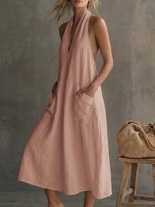 Balvessa Women's Solid Color Double Pocket Fashion Halter Neck Dress - Pink - View 3