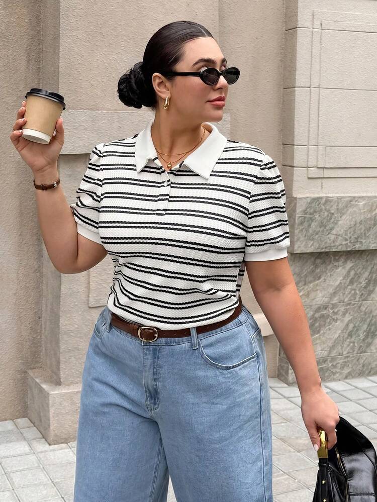 Dripcurv Plus Size Women's Spring Black And White Striped Polo T-Shirt, Simple 90s Business Casual Elegant And Casual Vacation , Sportswear - Black and White - View 4
