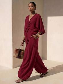 Zivah 2026 Spring/Summer New Music Festival Party Holiday Outing Office Wear Twist Short Sleeve V-Neck Top And Elastic Waist Side Pocket Loose Wide Leg Tapered Pants Linen Pants Set - Burgundy - View 5