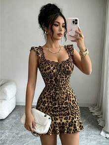 BamGleam Women's Leopard Print Front Tie Fashion Pleated Ruffle Dress - Brown - View 7
